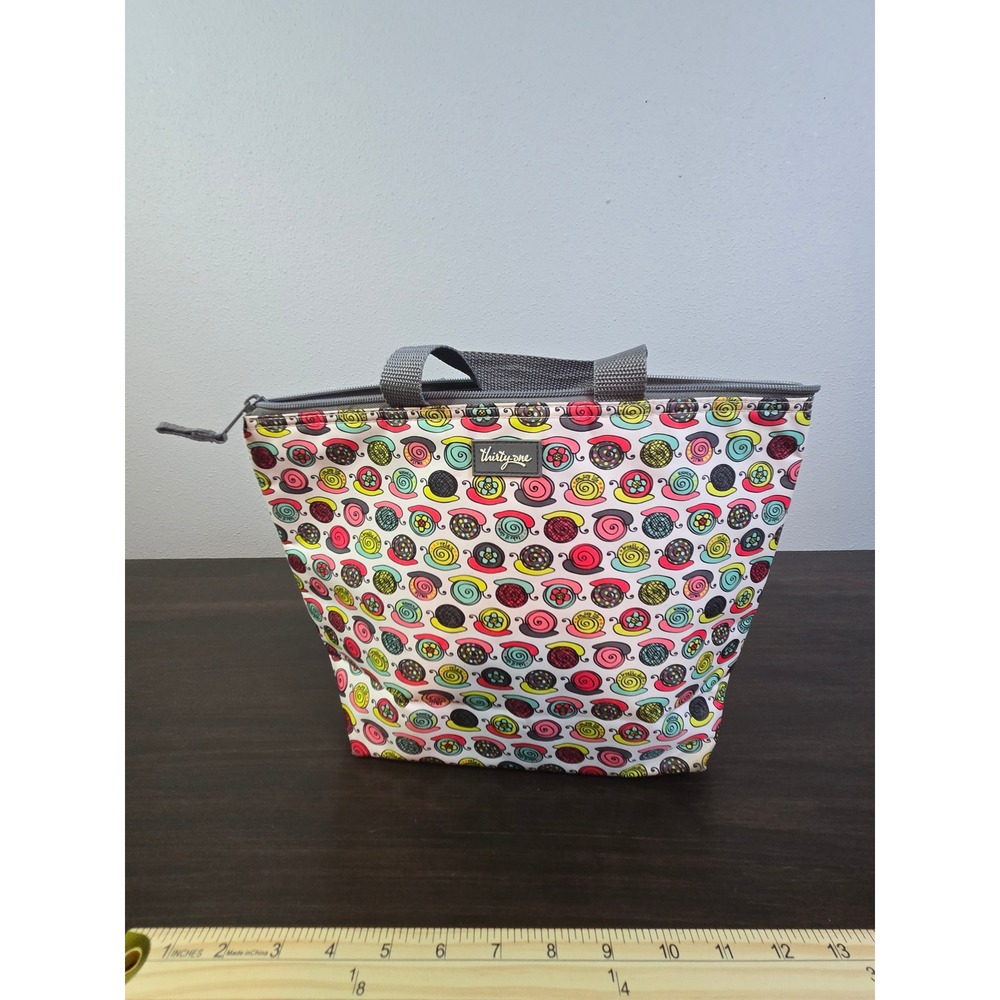 Thirty-One Thermal Lunch Tote Bag Snail Print Insulated Multicolor Grey Zip Top